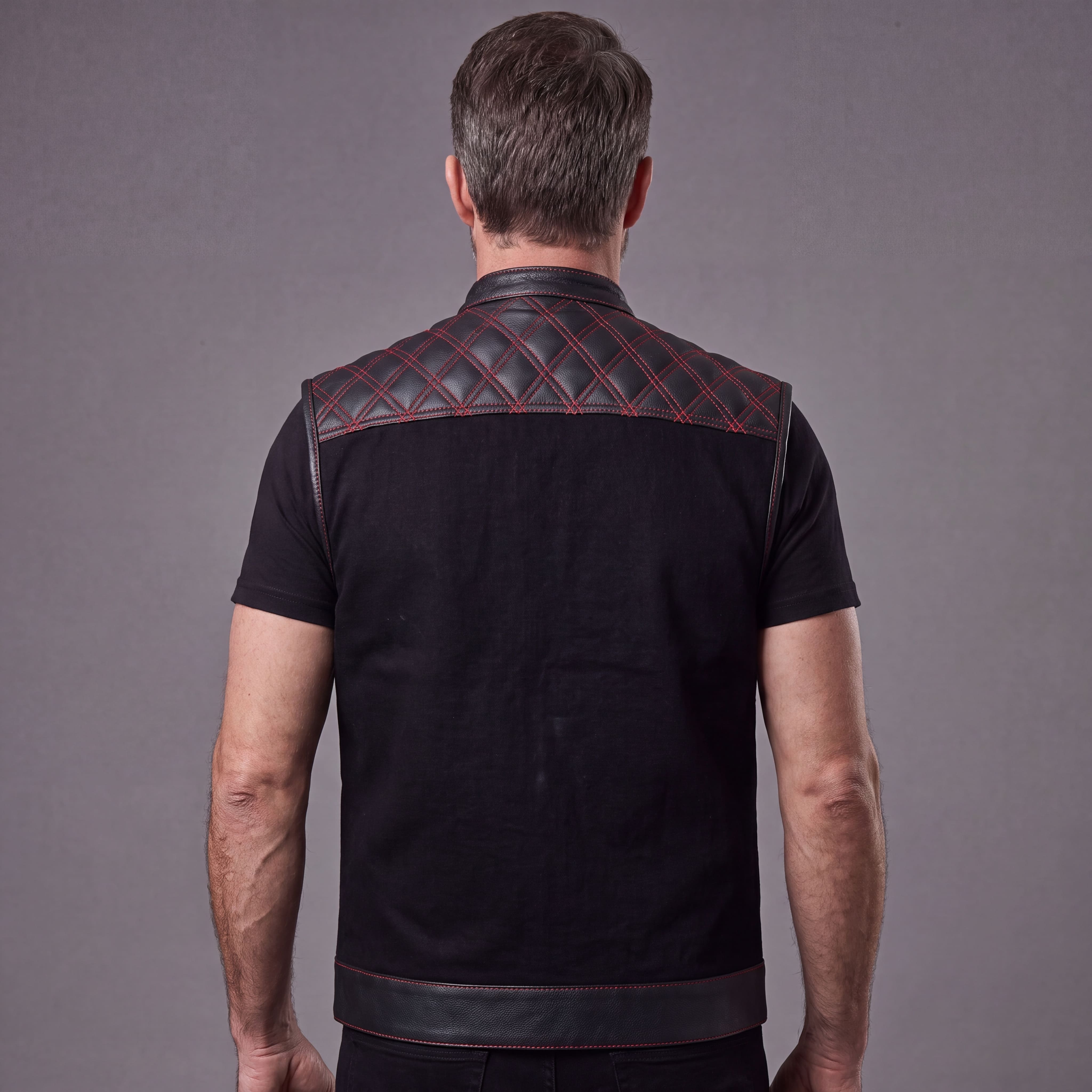 Men's Denim & Leather Motorcycle Vest with CCW Pockets and Red Stitching - Back Pose