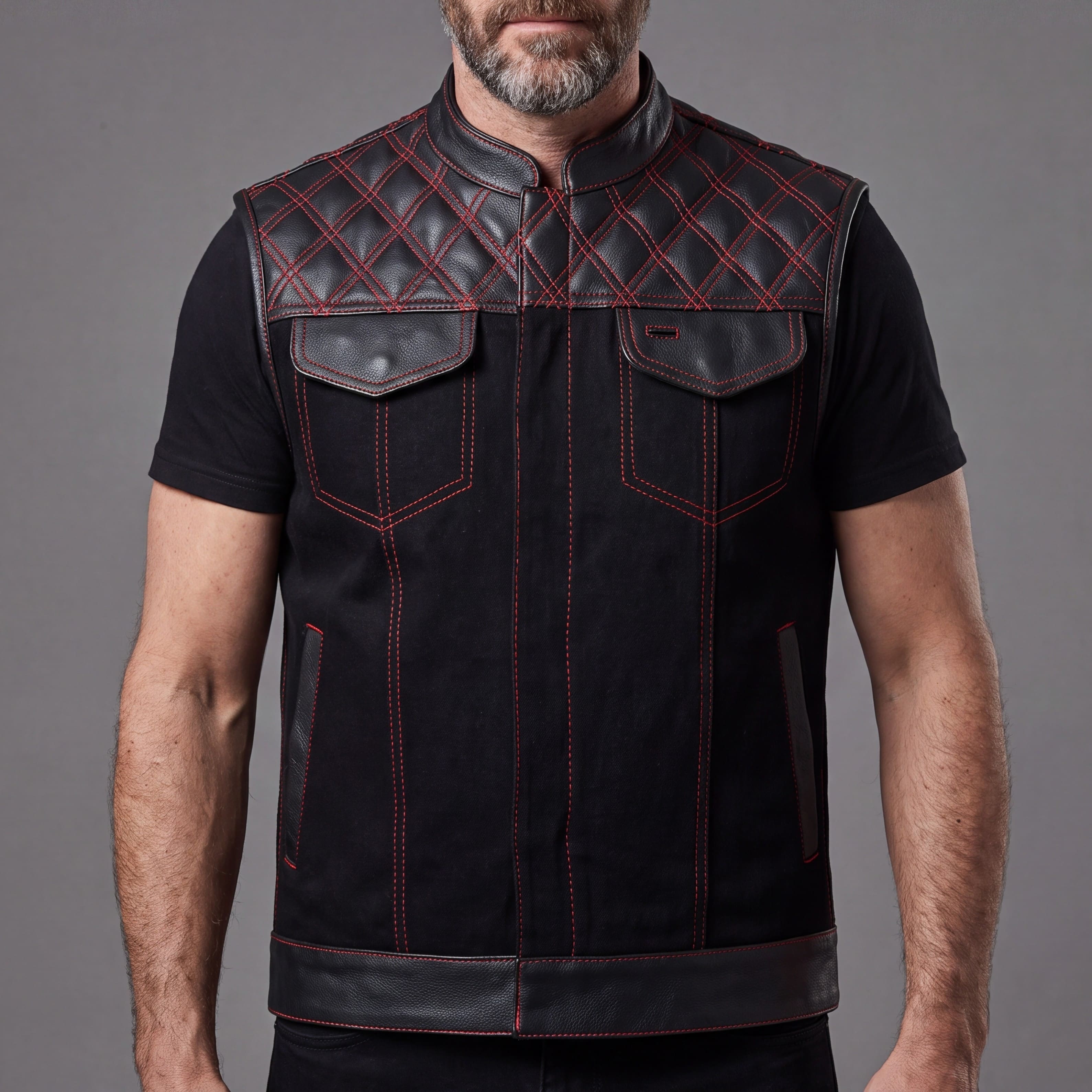 Men's Denim & Leather Motorcycle Vest with CCW Pockets and Red Stitching - Front Pose