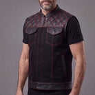 Men's Denim & Leather Motorcycle Vest with CCW Pockets and Red Stitching - Side Pose