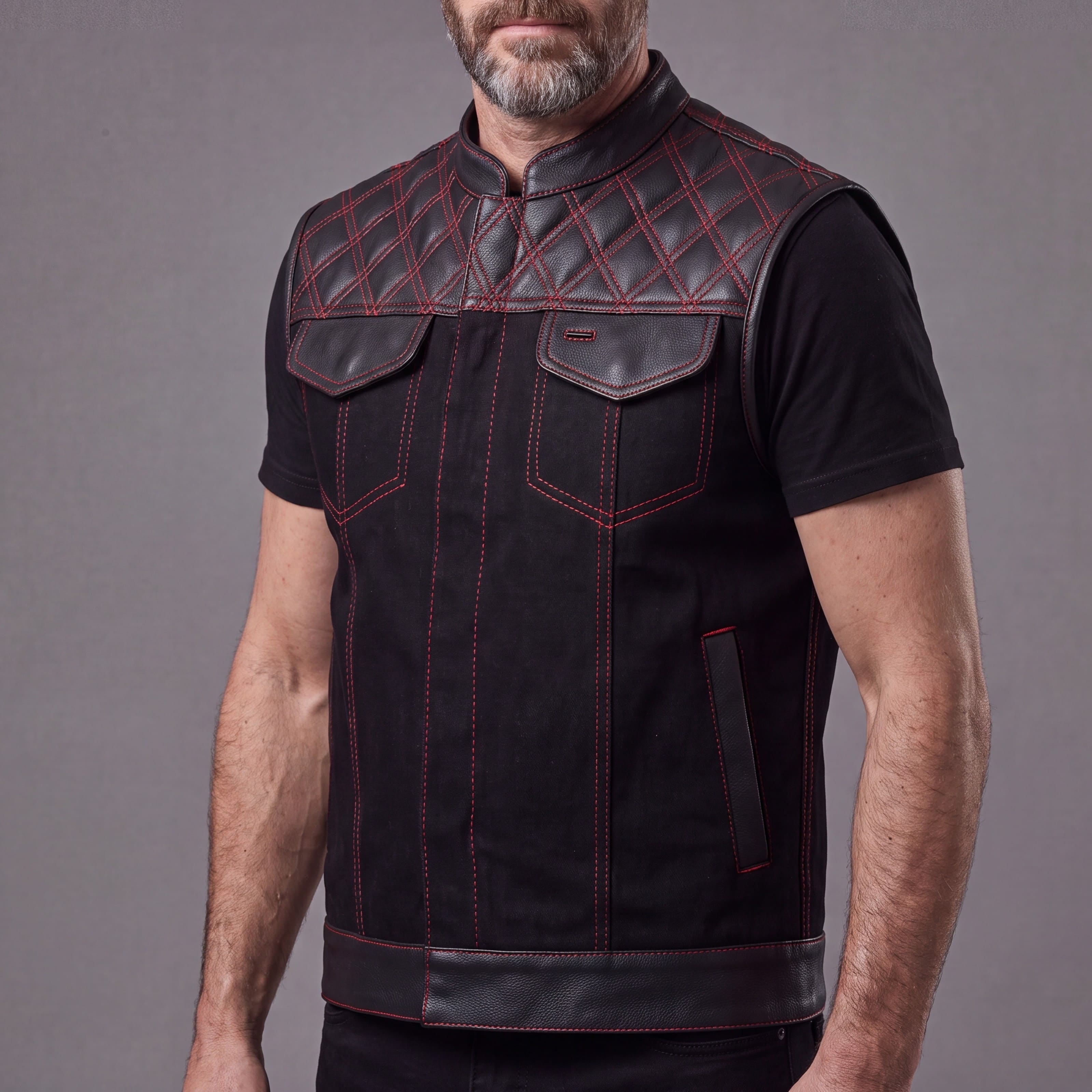 Men's Denim & Leather Motorcycle Vest with CCW Pockets and Red Stitching - Side Pose