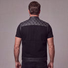 Men's Denim & Leather Motorcycle Vest with CCW Pockets and White Stitching - back pose