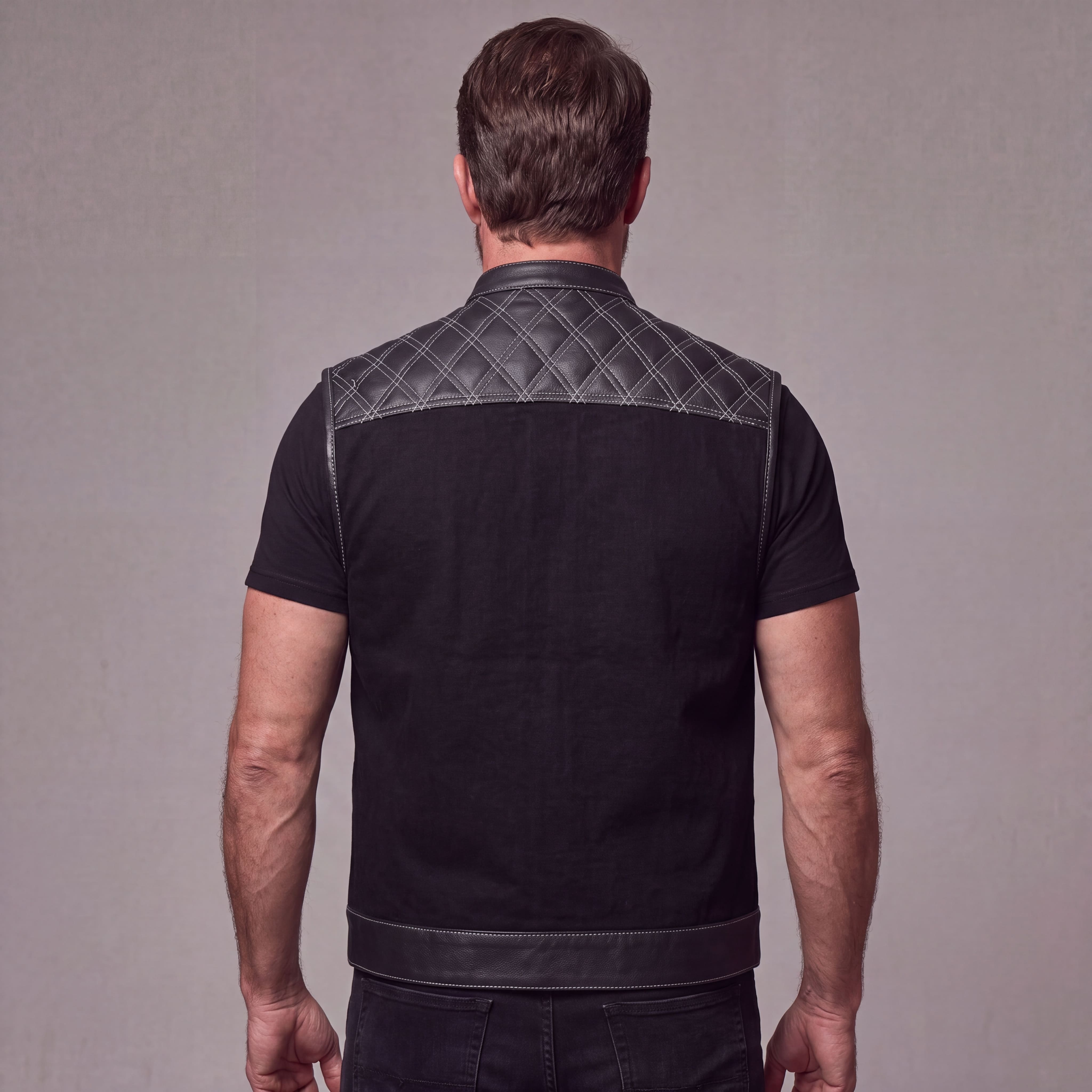 Men's Denim & Leather Motorcycle Vest with CCW Pockets and White Stitching - back pose