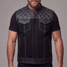 Men's Denim & Leather Motorcycle Vest with CCW Pockets and White Stitching - front pose
