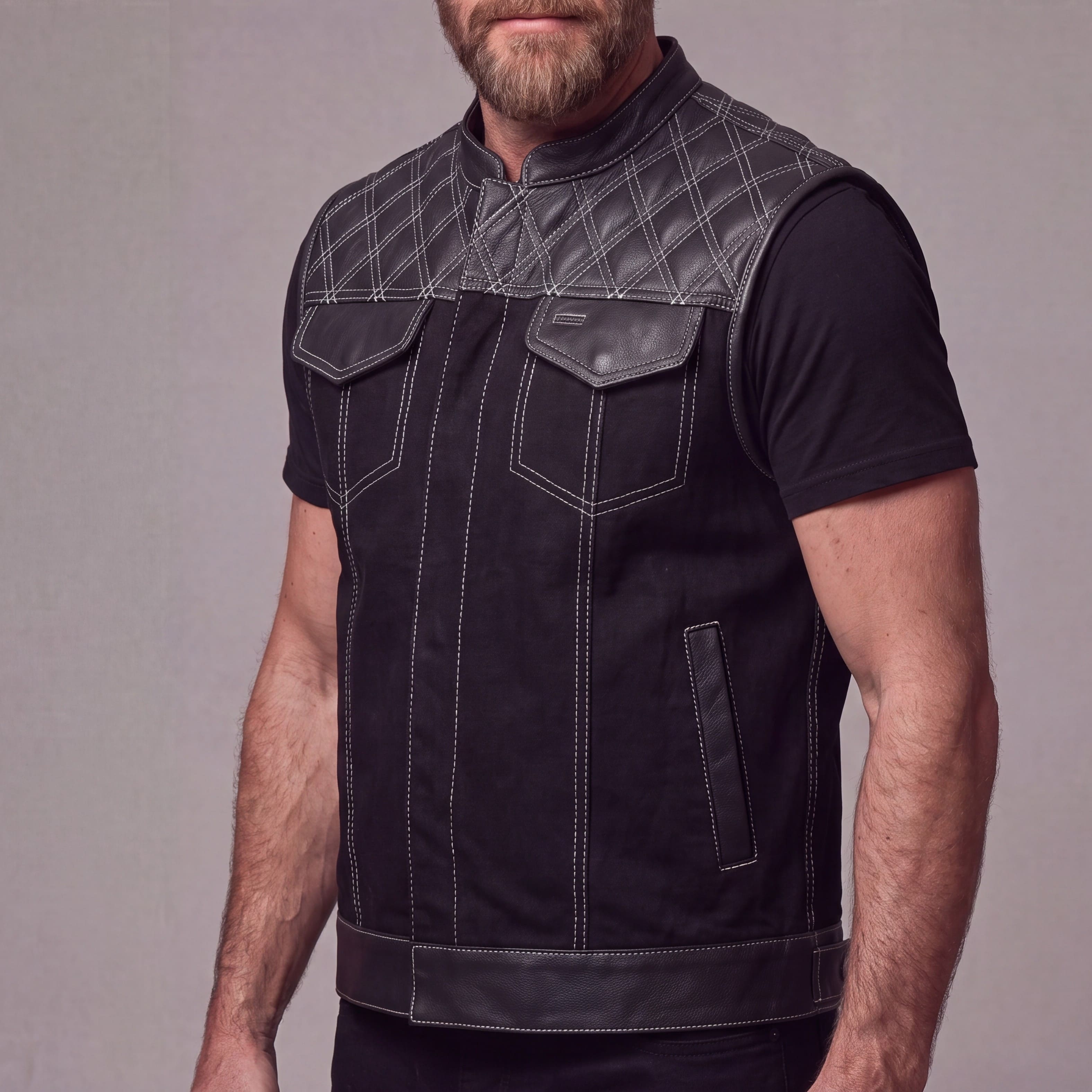 Men's Denim & Leather Motorcycle Vest with CCW Pockets and White Stitching - side pose