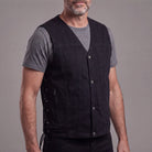 Vance Men's Black V-Neck Denim Vest for Motorcycle Riders - side pose