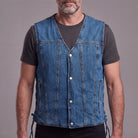 Vance Mens Blue V-Neck Denim Vest for Motorcycle Riders - front pose