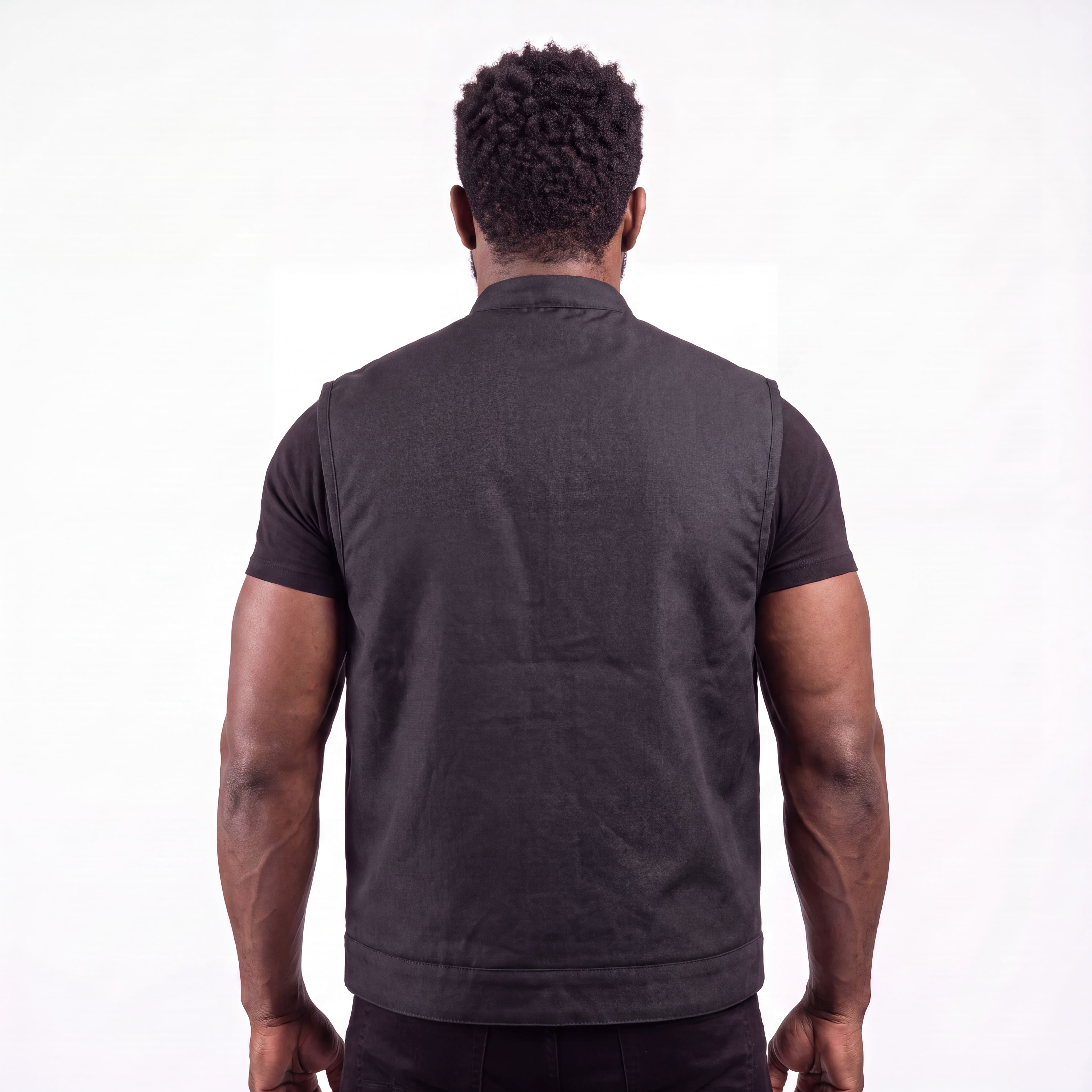 Men’s Black Textile Motorcycle Vest, Heavy Duty SOA Club Style Vest w/ Front Zipper and Snap Closure - back pose