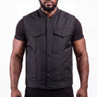 Men’s Black Textile Motorcycle Vest, Heavy Duty SOA Club Style Vest w/ Front Zipper and Snap Closure - front pose