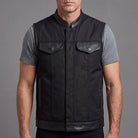 Vance Textile Mens Black SOA Club Style Leather Trimmed Textile Motorcycle Vest w/ Front Zipper and Snap Closure - front pose