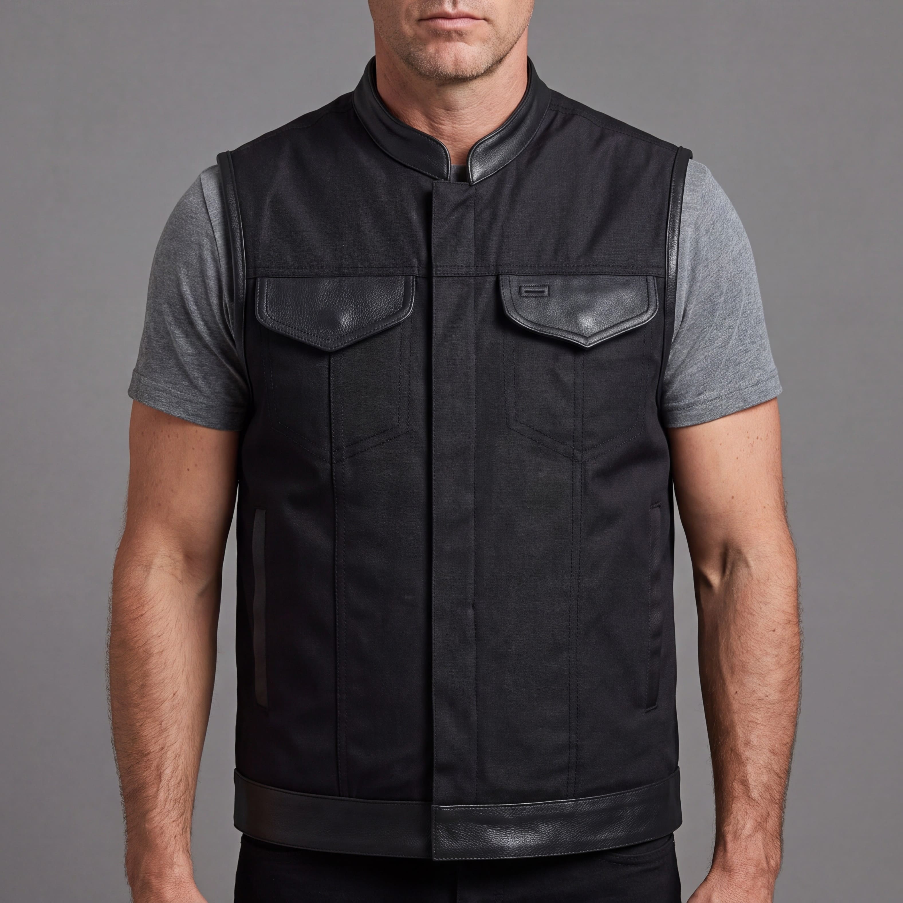 Vance Textile Mens Black SOA Club Style Leather Trimmed Textile Motorcycle Vest w/ Front Zipper and Snap Closure - front pose