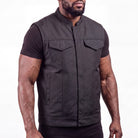 Men’s Black Textile Motorcycle Vest, Heavy Duty SOA Club Style Vest w/ Front Zipper and Snap Closure - side pose