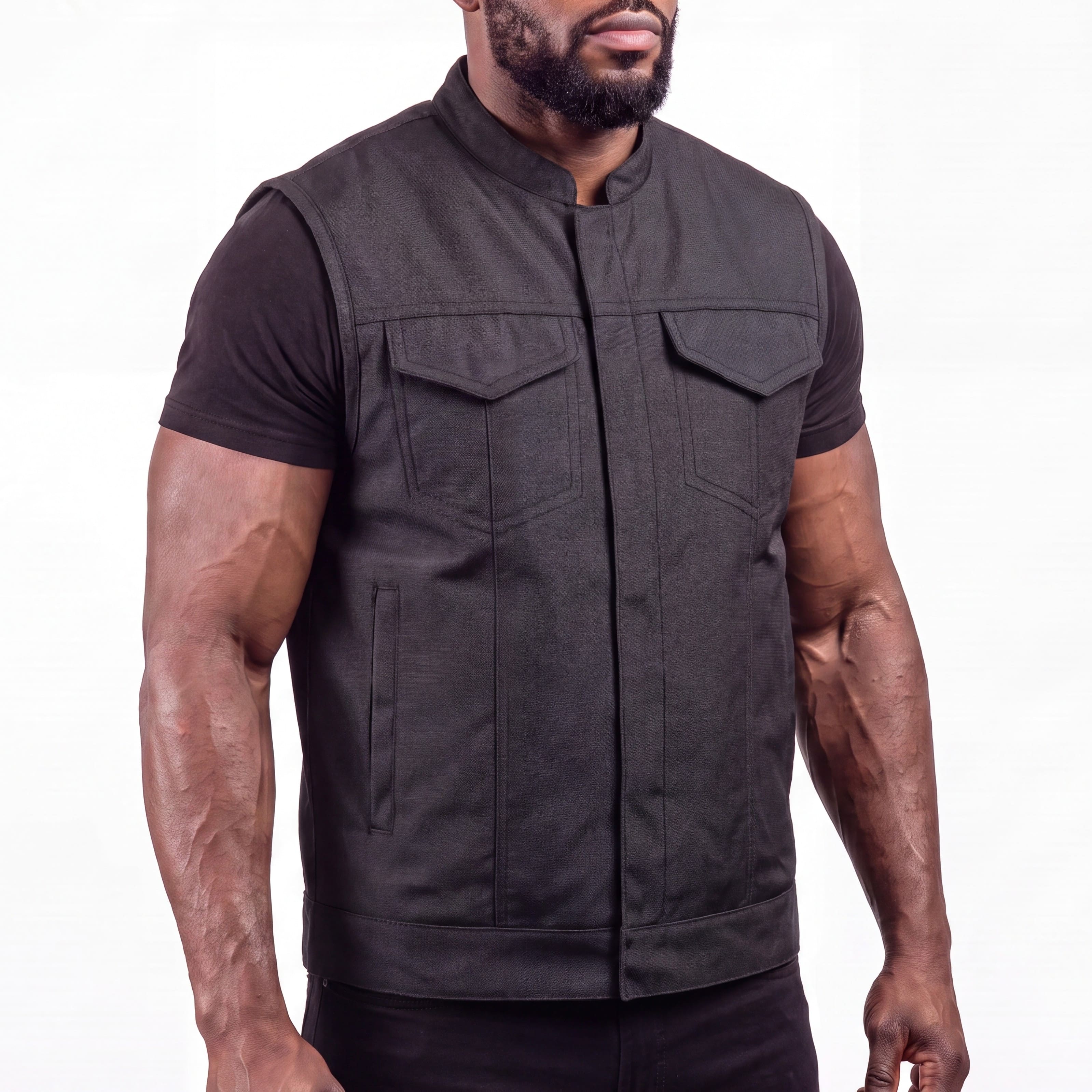 Men’s Black Textile Motorcycle Vest, Heavy Duty SOA Club Style Vest w/ Front Zipper and Snap Closure - side pose