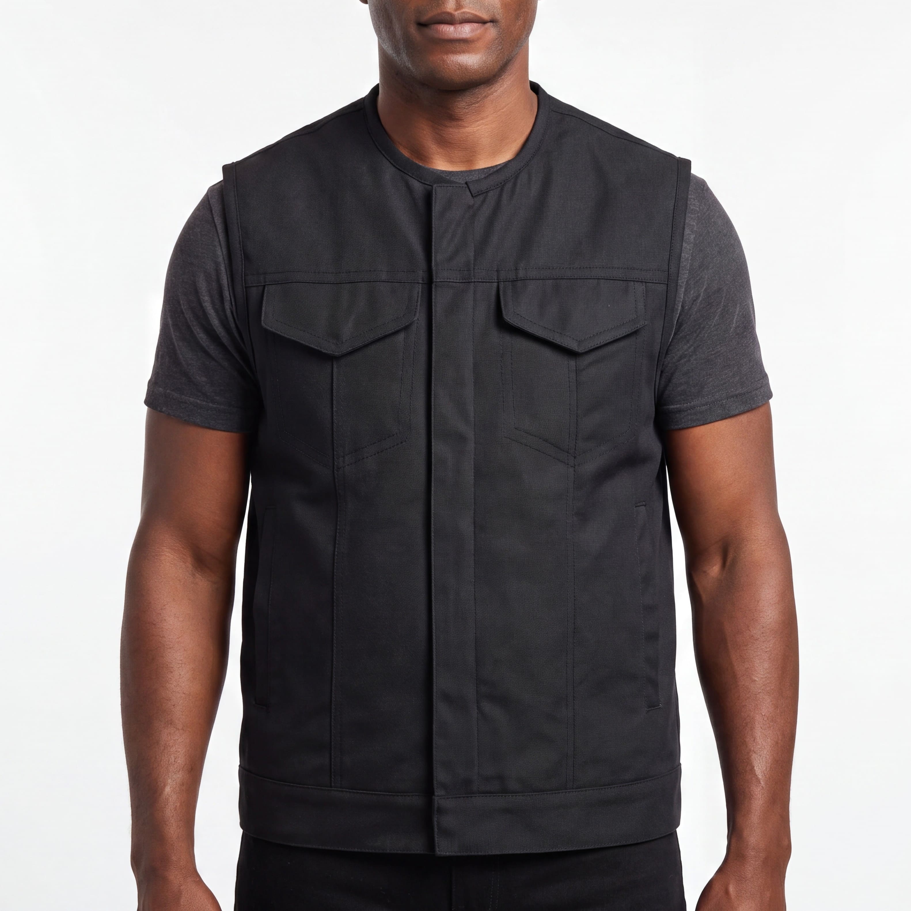 Men’s Premium Collarless Textile Motorcycle Vest Heavy Duty SOA Club Style Vest w/ Front Zipper and Snap Closure - front pose