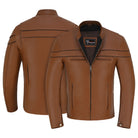 Men's Cognac Brown Premium Cowhide Cafe Racer Leather Motorcycle Jacket with Zipper Vents - Front & Back