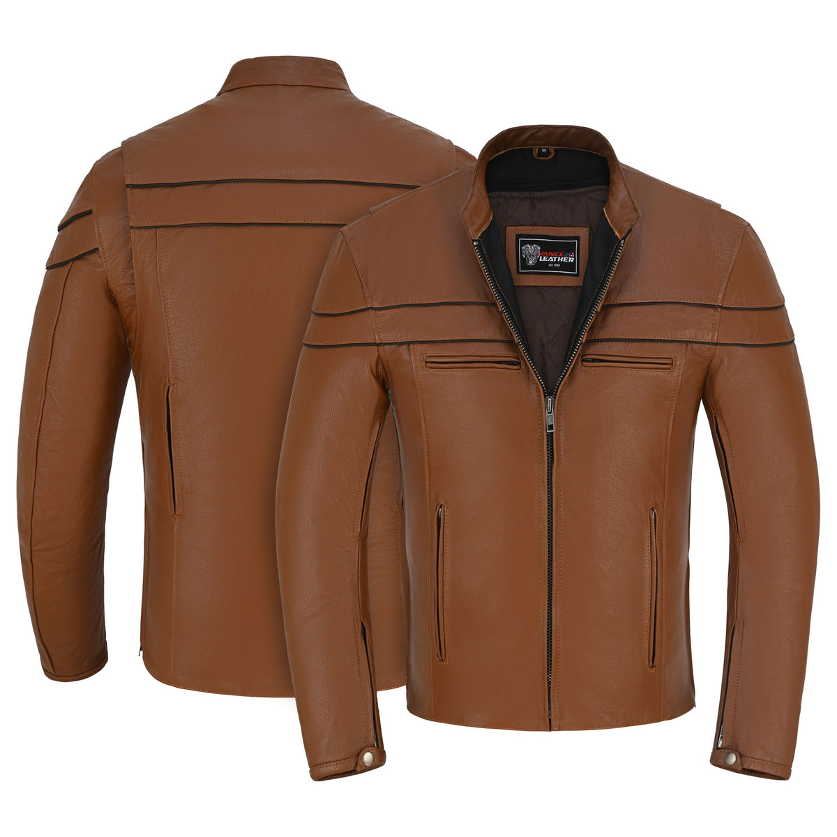 Men's Cognac Brown Premium Cowhide Cafe Racer Leather Motorcycle Jacket with Zipper Vents - Front & Back