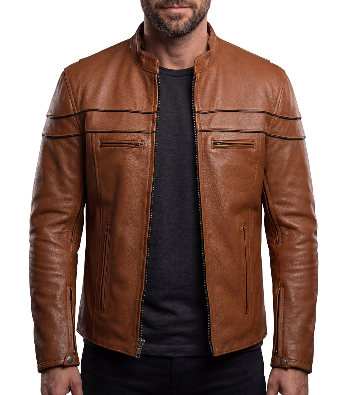 Men's Cognac Brown Premium Cowhide Cafe Racer Leather Motorcycle Jacket with Zipper Vents - front view