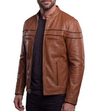 Men's Cognac Brown Premium Cowhide Cafe Racer Leather Motorcycle Jacket with Zipper Vents - side view