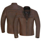 Men's Espresso Brown Premium Cowhide Cafe Racer Leather Motorcycle Jacket with Zipper Vents - opened zipper - Front and Back