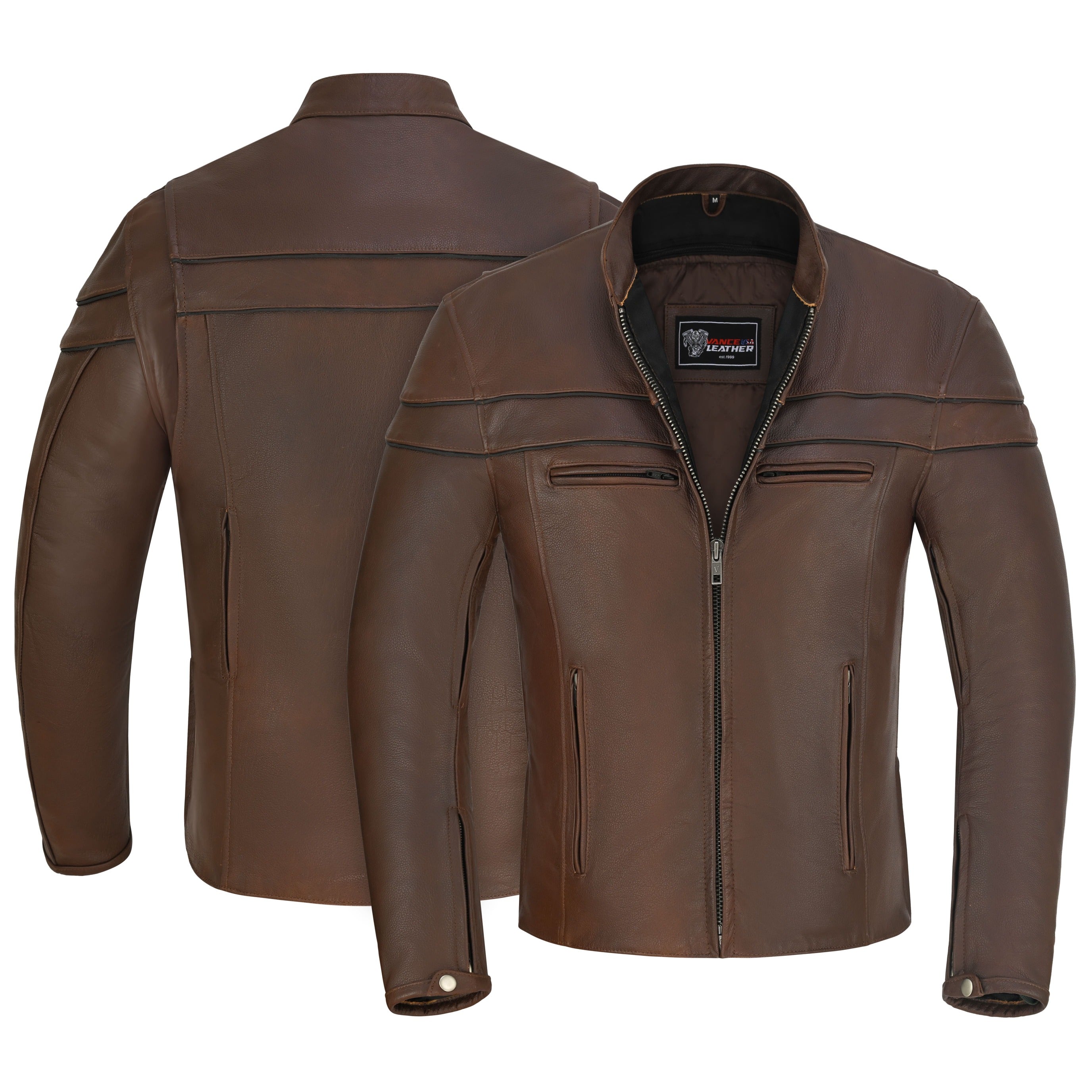 Men's Espresso Brown Premium Cowhide Cafe Racer Leather Motorcycle Jacket with Zipper Vents - opened zipper - Front and Back