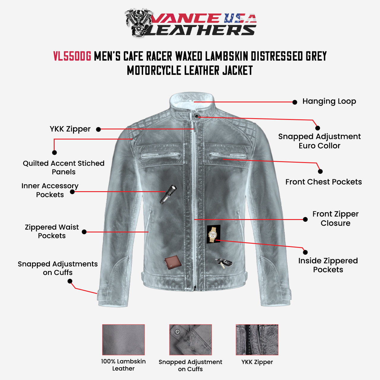 Men's Cafe Racer Waxed Lambskin Distressed Grey Motorcycle Leather Jacket - info graphics