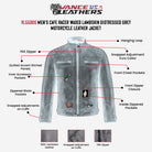 Men's Cafe Racer Waxed Lambskin Distressed Grey Motorcycle Leather Jacket - info graphics