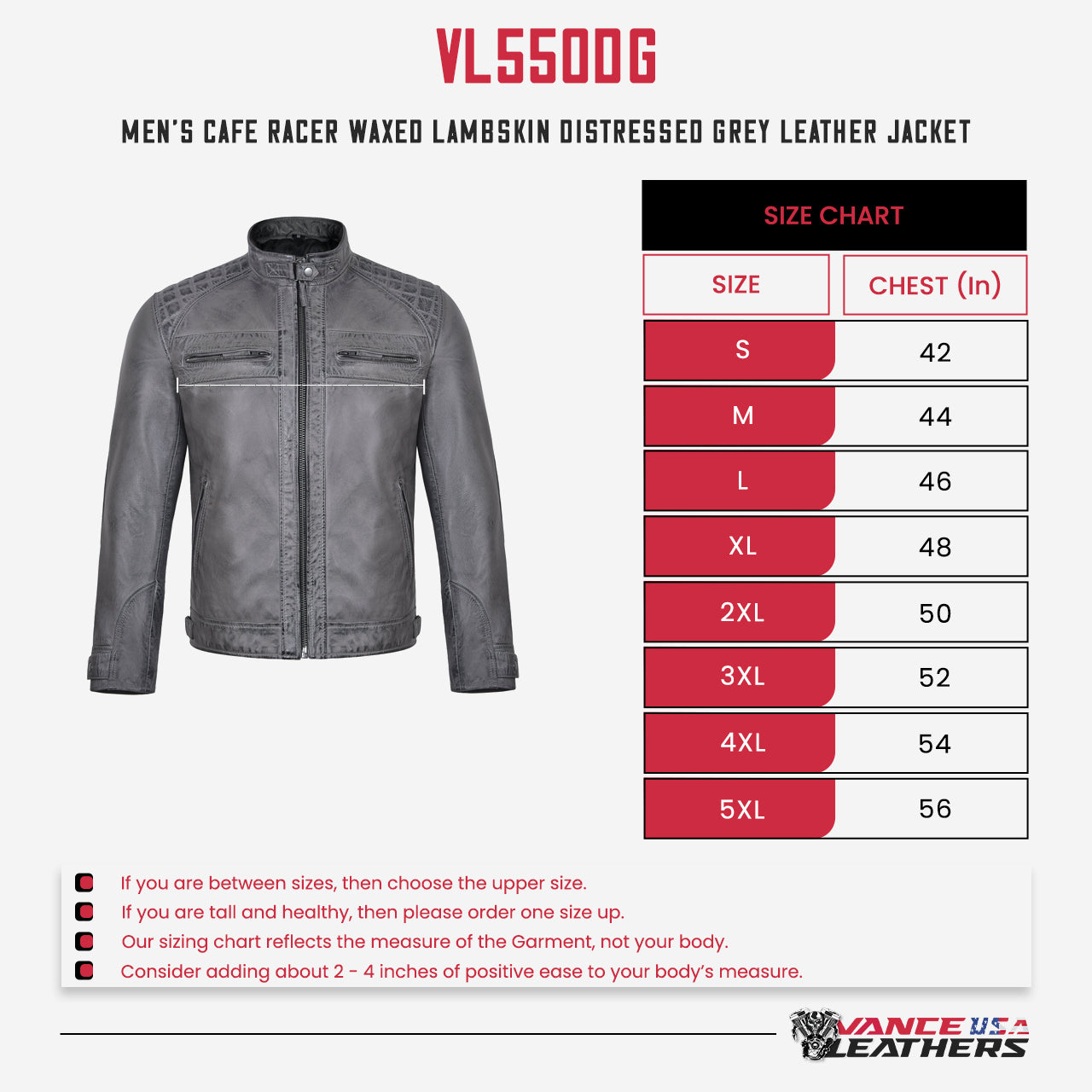 Men's Cafe Racer Waxed Lambskin Distressed Grey Motorcycle Leather Jacket - size chart