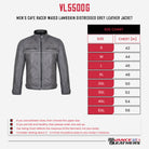 Men's Cafe Racer Waxed Lambskin Distressed Grey Motorcycle Leather Jacket - size chart