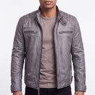 Men's Cafe Racer Waxed Lambskin Distressed Grey Motorcycle Leather Jacket - front