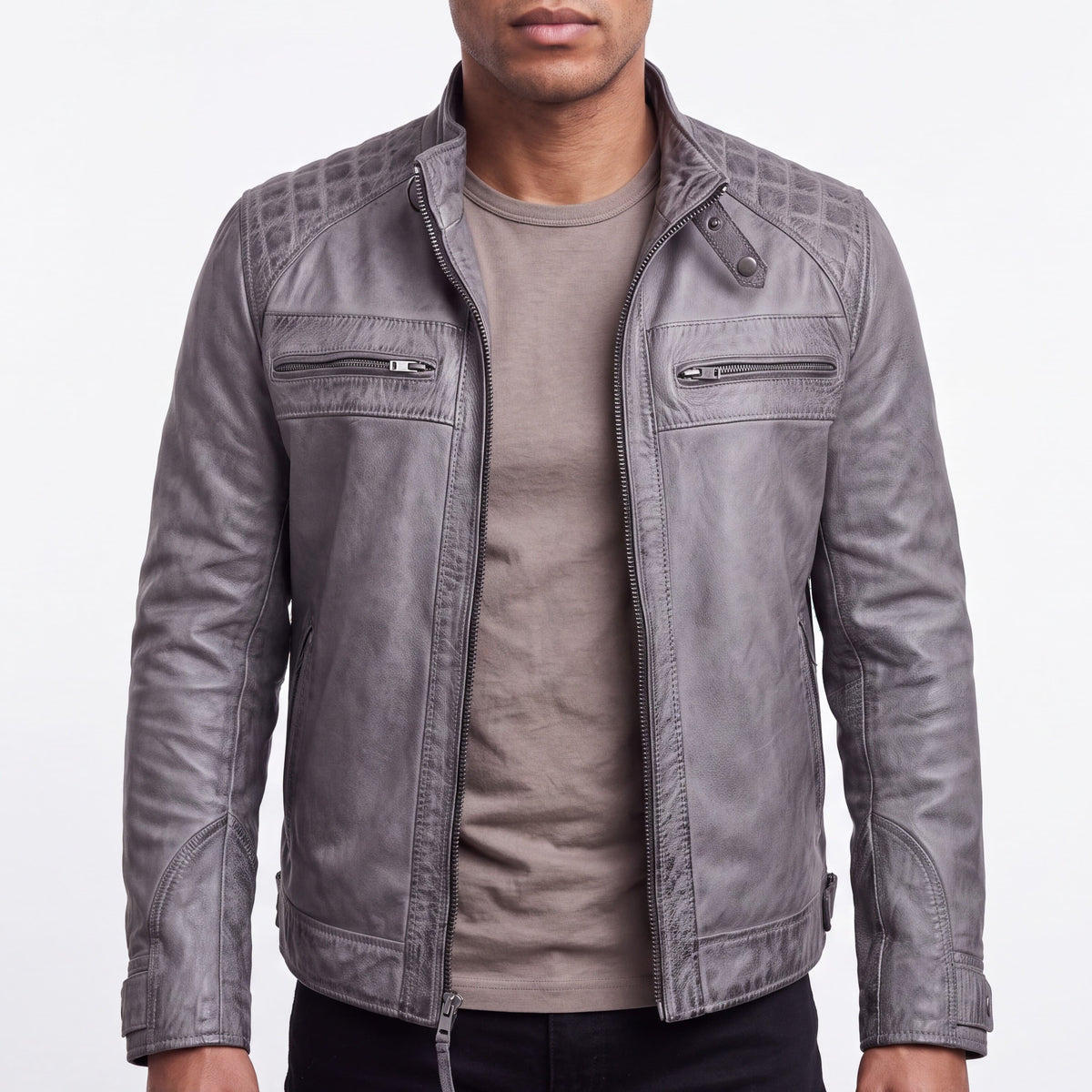 Men's Cafe Racer Waxed Lambskin Distressed Grey Motorcycle Leather Jacket - front