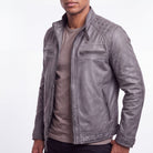 Men's Cafe Racer Waxed Lambskin Distressed Grey Motorcycle Leather Jacket - side