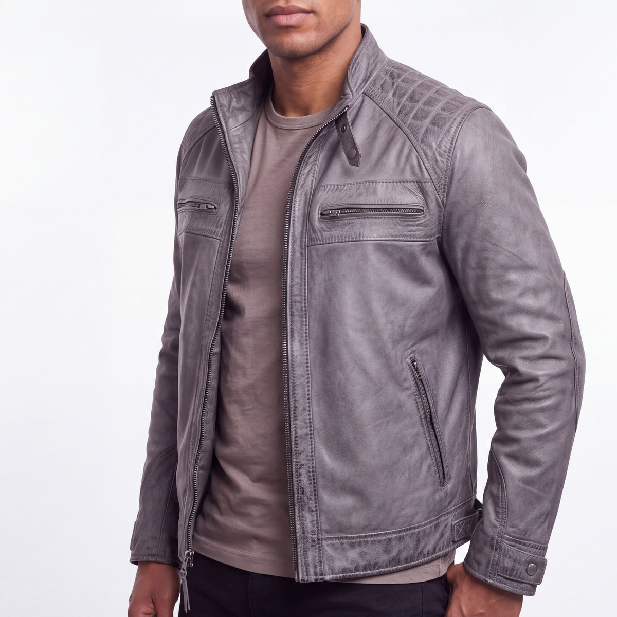 Men's Cafe Racer Waxed Lambskin Distressed Grey Motorcycle Leather Jacket - side