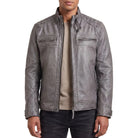 Men's Cafe Racer Waxed Lambskin Distressed Grey Motorcycle Leather Jacket - front pose