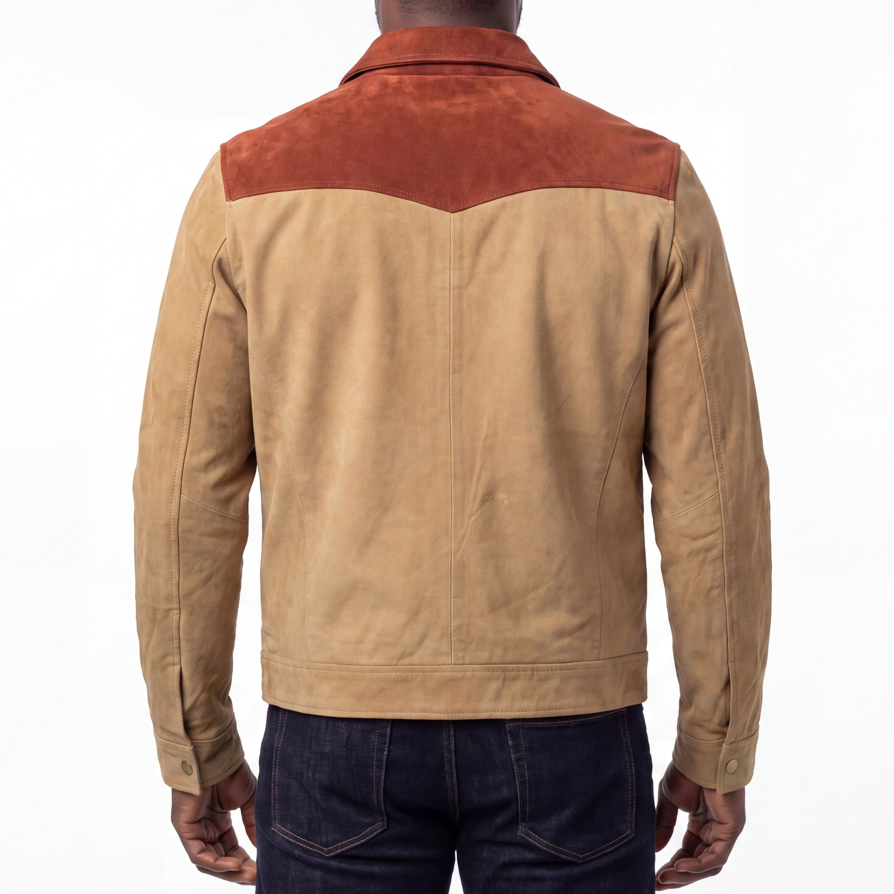 Men's Western Goat Suede Two-Tone Leather Jacket - back pose