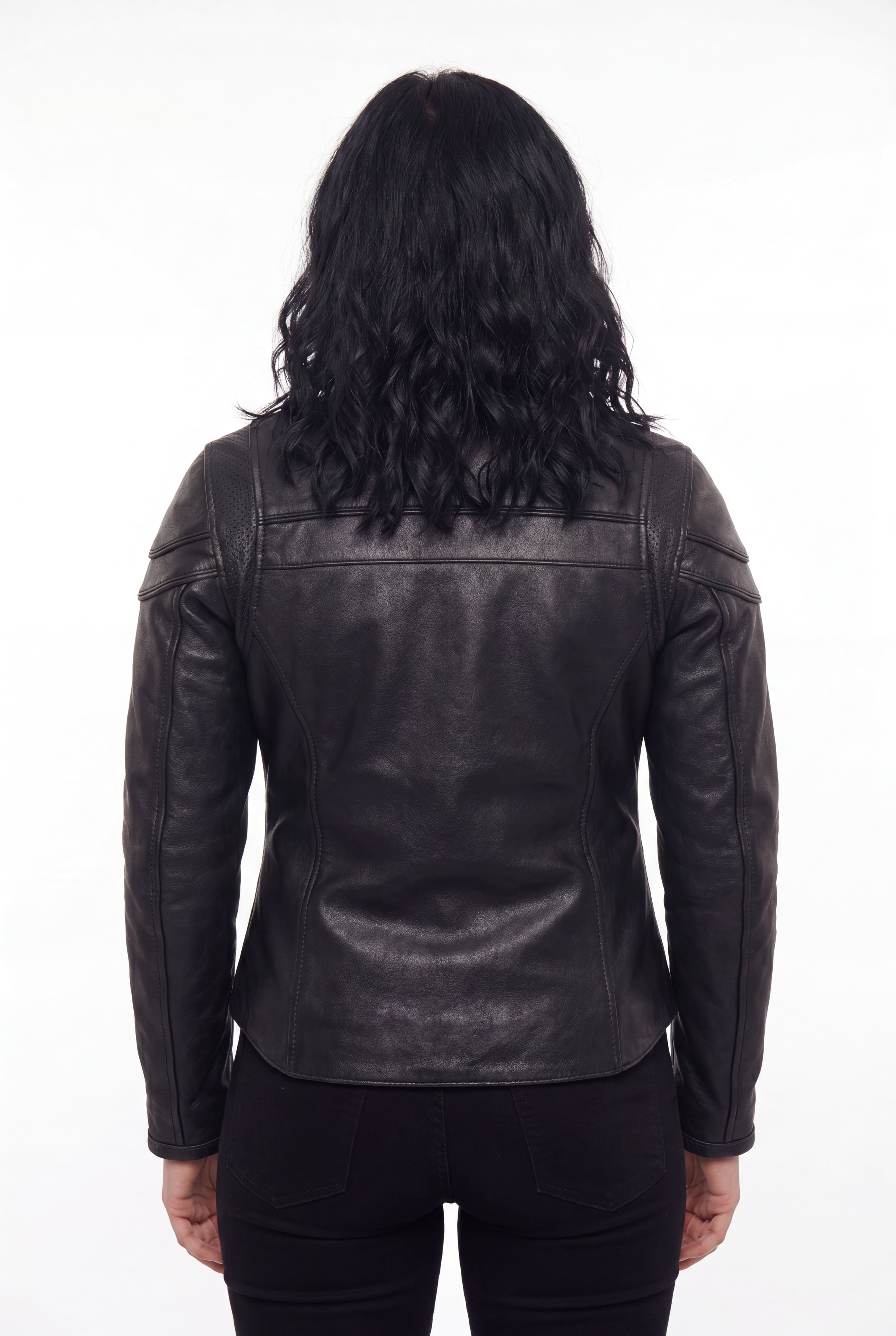 Vance Leather Womens Black Soft Cowhide Leather Sporty Scooter Crossover Biker Motorcycle Riding Jacket - Back Pose