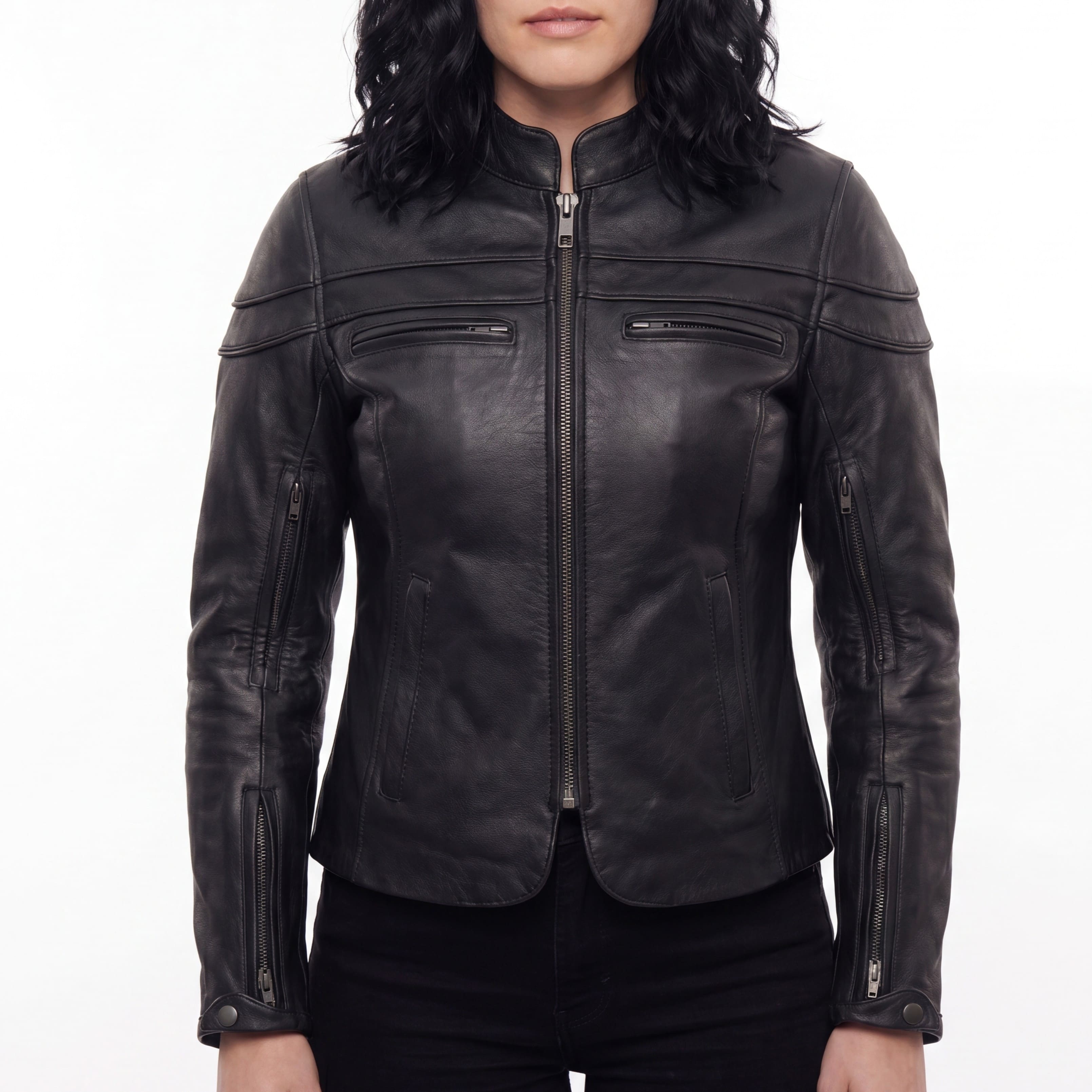 Vance Leather Womens Black Soft Cowhide Leather Sporty Scooter Crossover Biker Motorcycle Riding Jacket - Front Pose