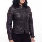 Vance Leather Womens Black Soft Cowhide Leather Sporty Scooter Crossover Biker Motorcycle Riding Jacket - Side Pose