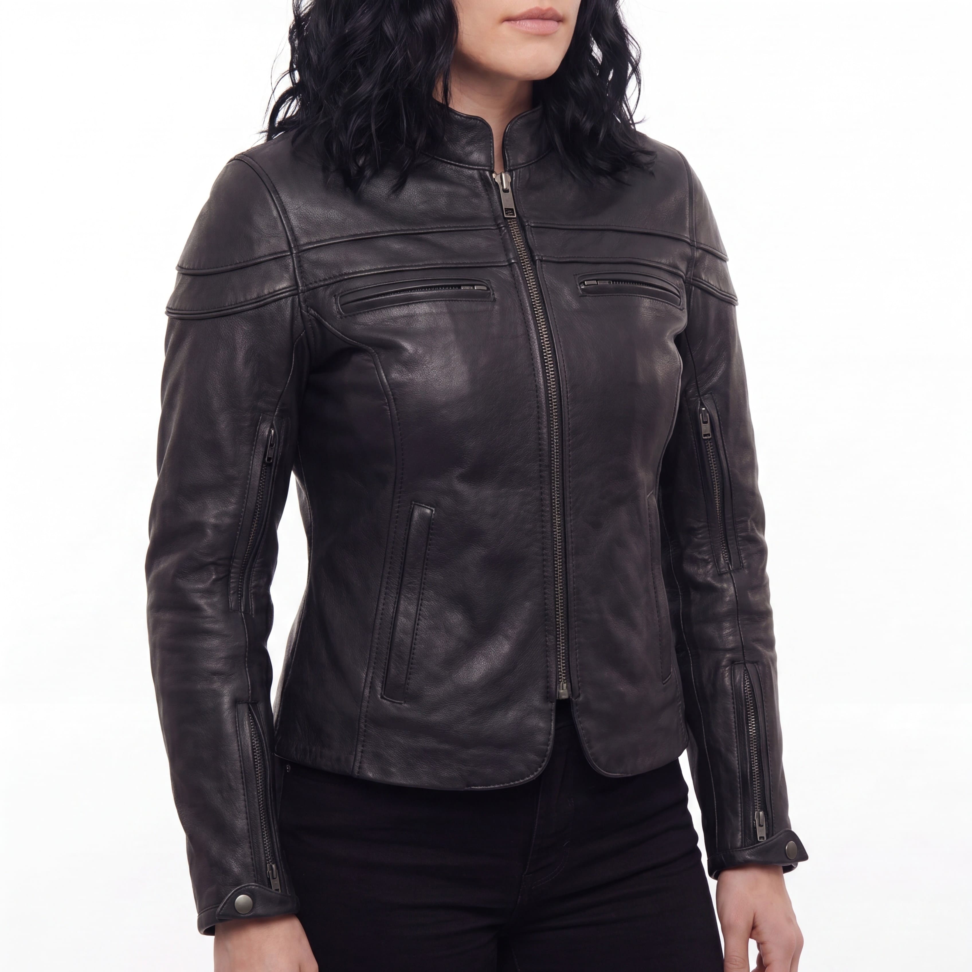 Vance Leather Womens Black Soft Cowhide Leather Sporty Scooter Crossover Biker Motorcycle Riding Jacket - Side Pose