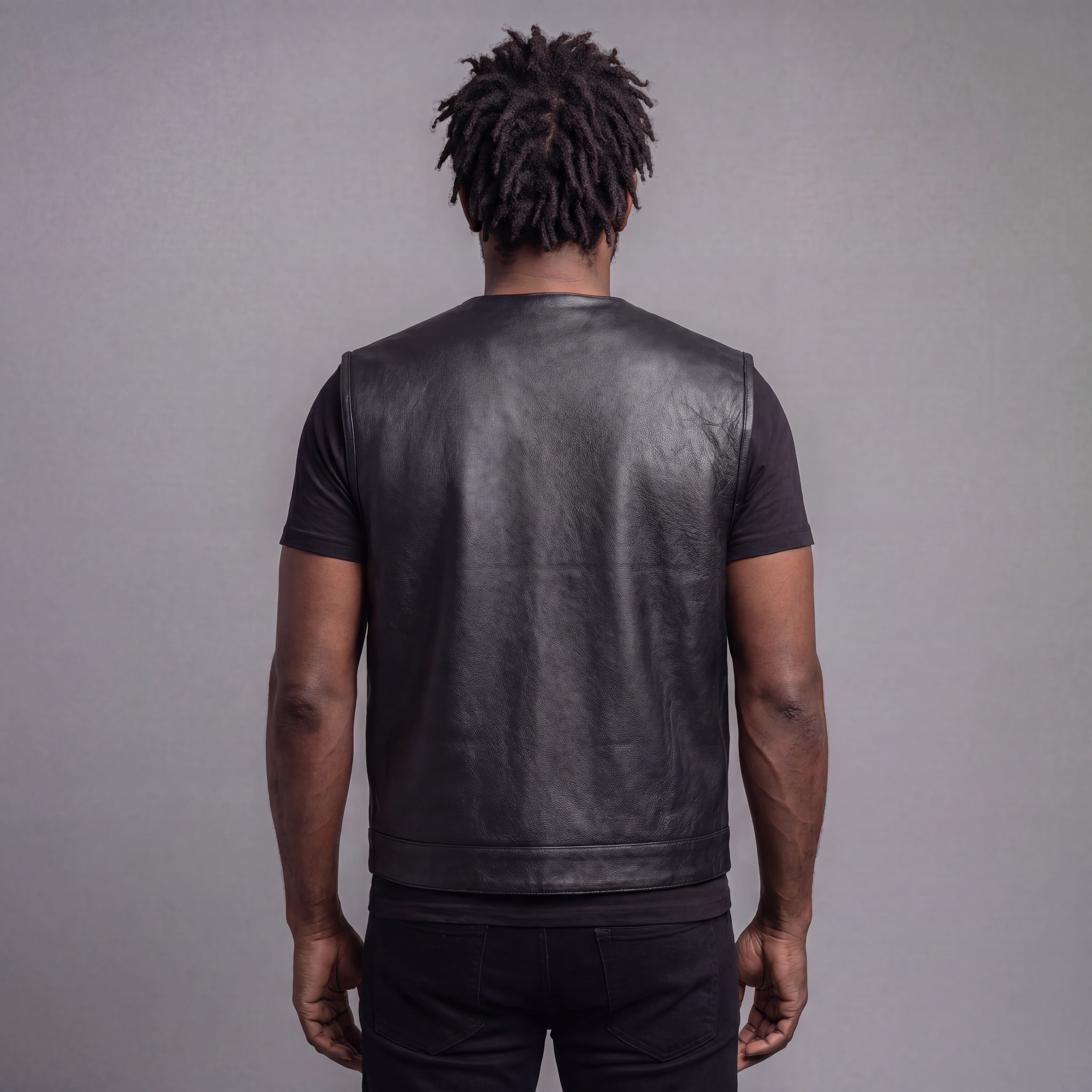 Mens Black Premium Cowhide Leather Motorcycle Vest With Quick Access Conceal Carry Pockets - back pose