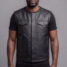 Mens Black Premium Cowhide Leather Motorcycle Vest With Quick Access Conceal Carry Pockets - front pose