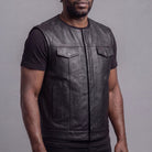 Mens Black Premium Cowhide Leather Motorcycle Vest With Quick Access Conceal Carry Pockets - side pose