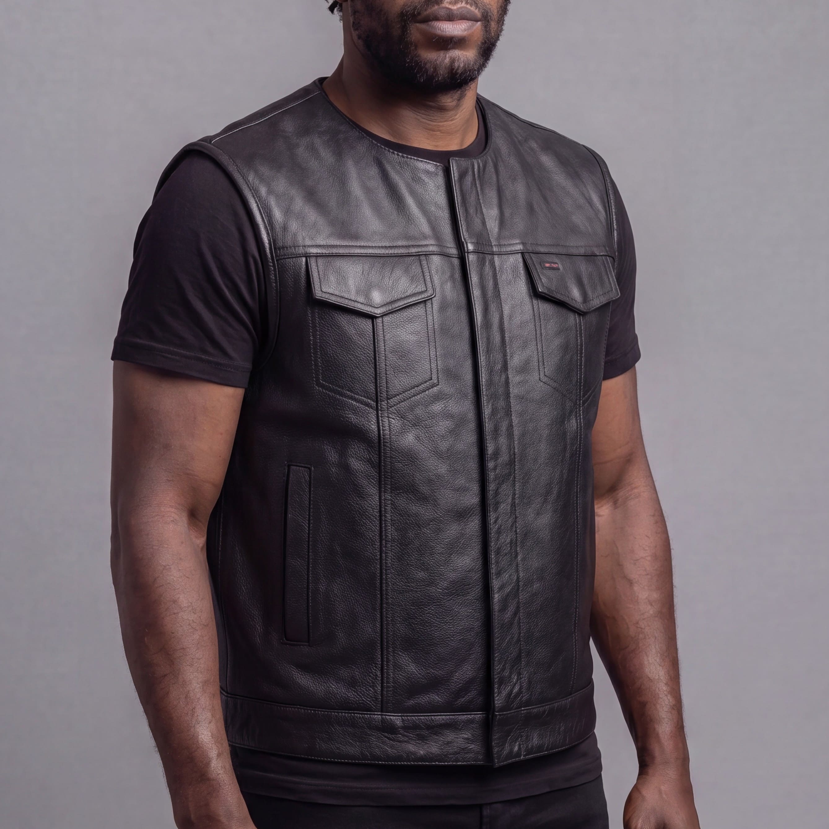 Mens Black Premium Cowhide Leather Motorcycle Vest With Quick Access Conceal Carry Pockets - side pose