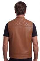 Men's Cognac Brown Leather Motorcycle Riding Club Vest, Diamond Quilted Biker Cut with CCW Pockets - back view