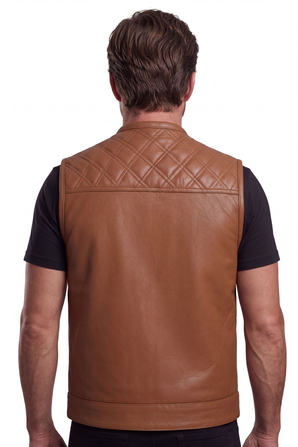 Men's Cognac Brown Leather Motorcycle Riding Club Vest, Diamond Quilted Biker Cut with CCW Pockets - back view