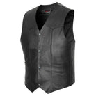 Vance Men's plain side cowhide leather biker vest showing V-neck and Western yoke seam